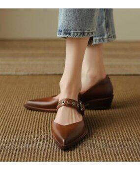 YDN Brown Pointed Toe Mary Jane Chunky Heels Loafers Hollow Buckle Pump